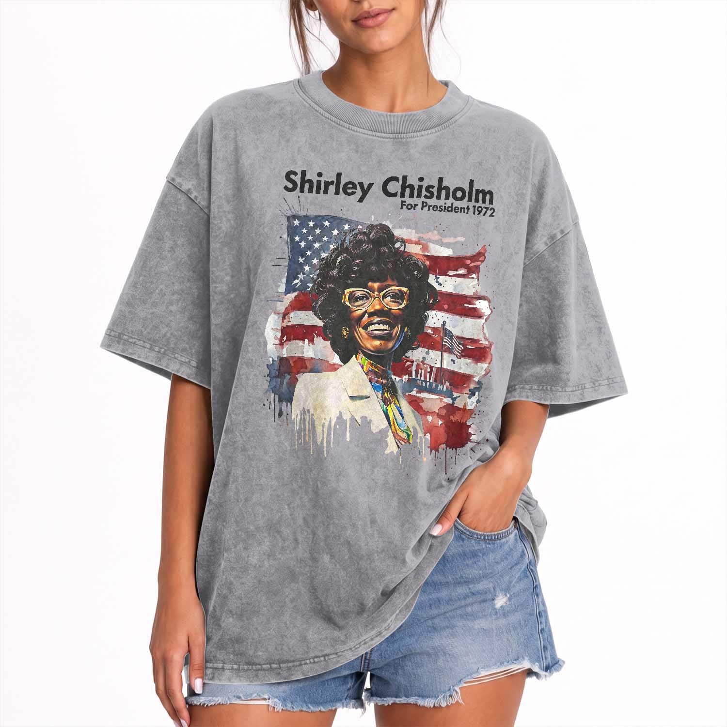 Shirley Chisholm For President 1972 With American Flag Washed Cotton T-Shirt