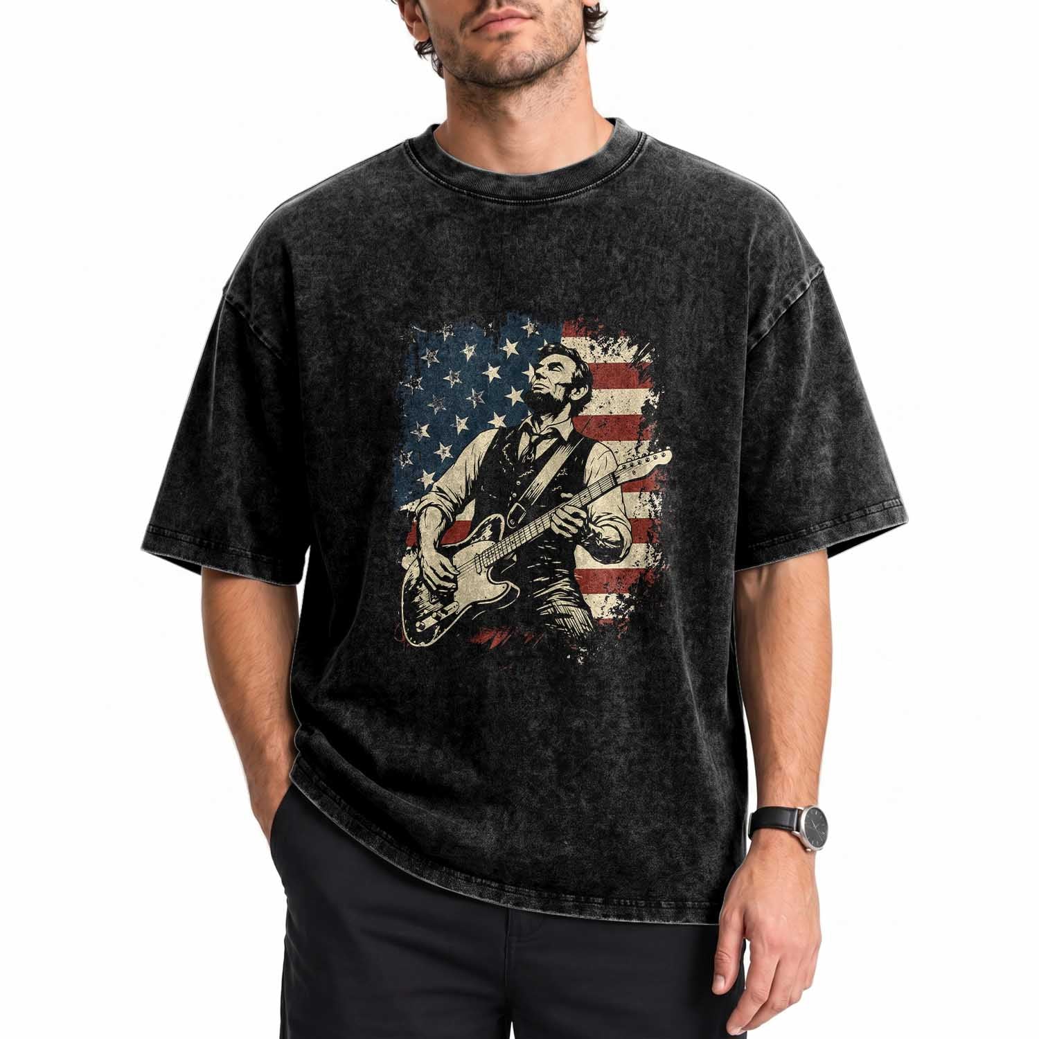 Vintage Abraham Lincoln Playing Electric Guitar Washed Cotton T-Shirt Patriotic Rocker Gift