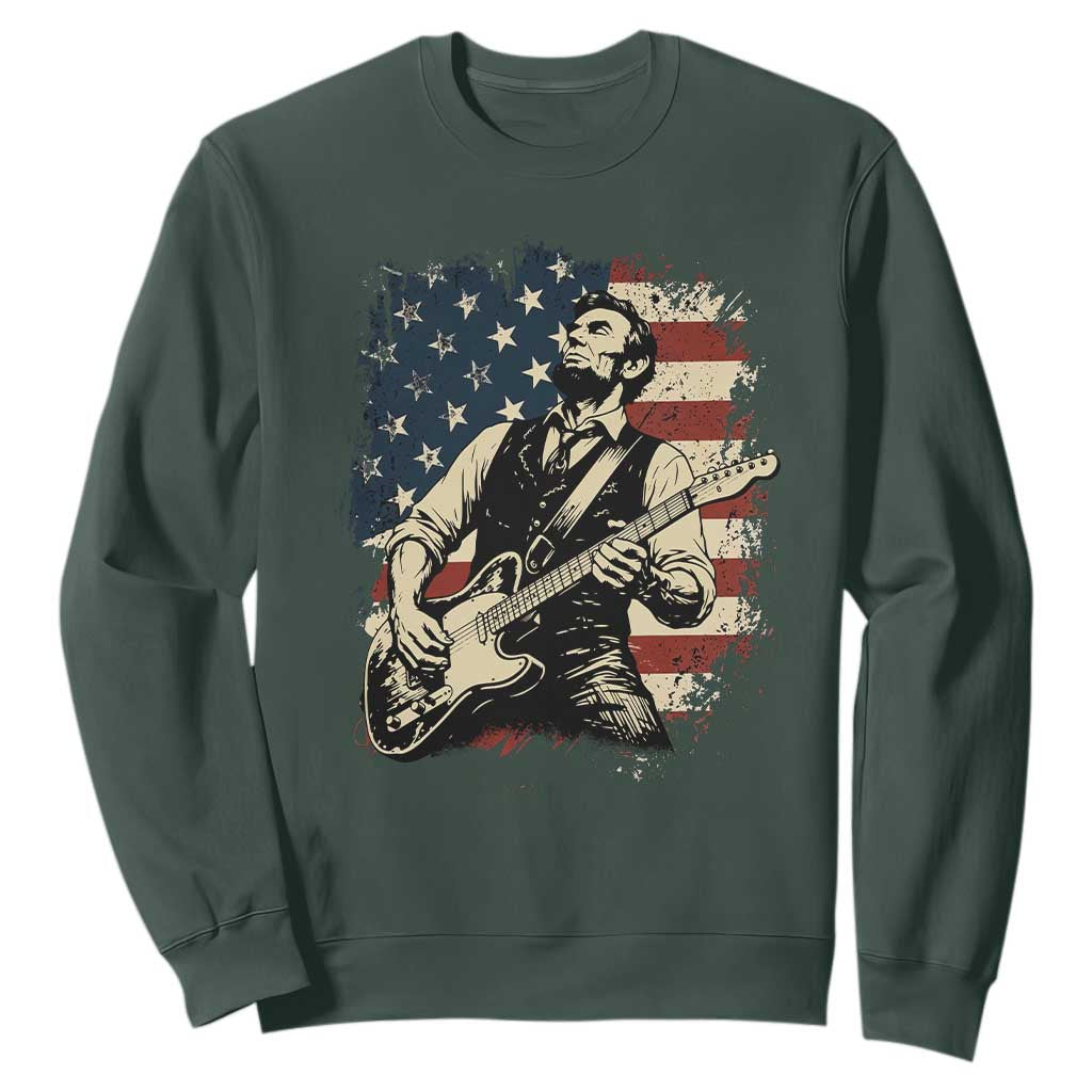 Vintage Abraham Lincoln Playing Electric Guitar Sweatshirt Patriotic Rocker Gift TS12 Dark Forest Green Print Your Wear