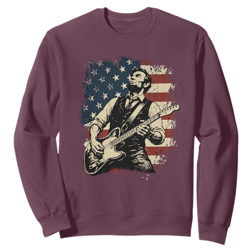 Vintage Abraham Lincoln Playing Electric Guitar Sweatshirt Patriotic Rocker Gift TS12 Maroon Print Your Wear