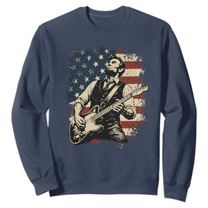 Vintage Abraham Lincoln Playing Electric Guitar Sweatshirt Patriotic Rocker Gift TS12 Navy Print Your Wear
