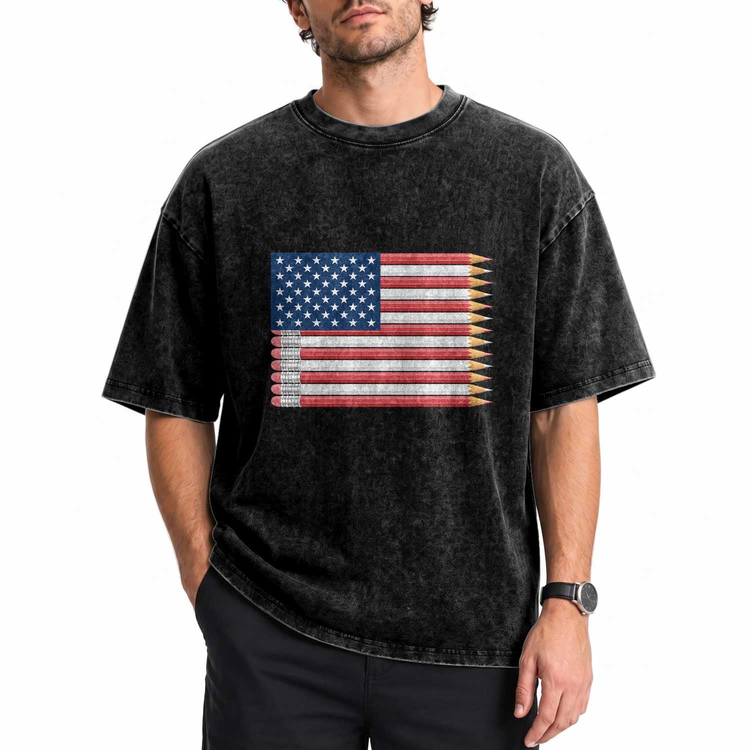 Pencil Stripes USA Flag Washed Cotton T-Shirt Proud American Teacher Graduation Gift