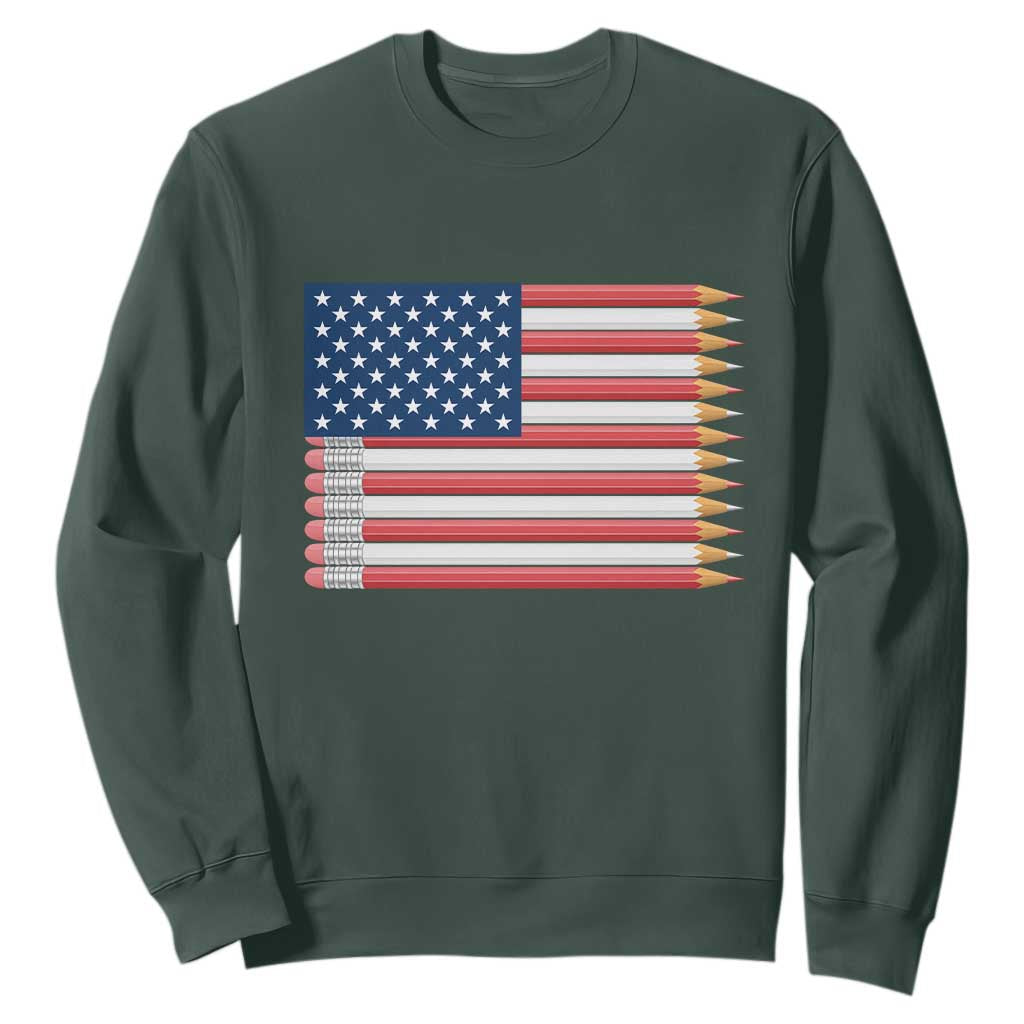 Pencil Stripes USA Flag Sweatshirt Proud American Teacher Graduation Gift TS12 Dark Forest Green Print Your Wear