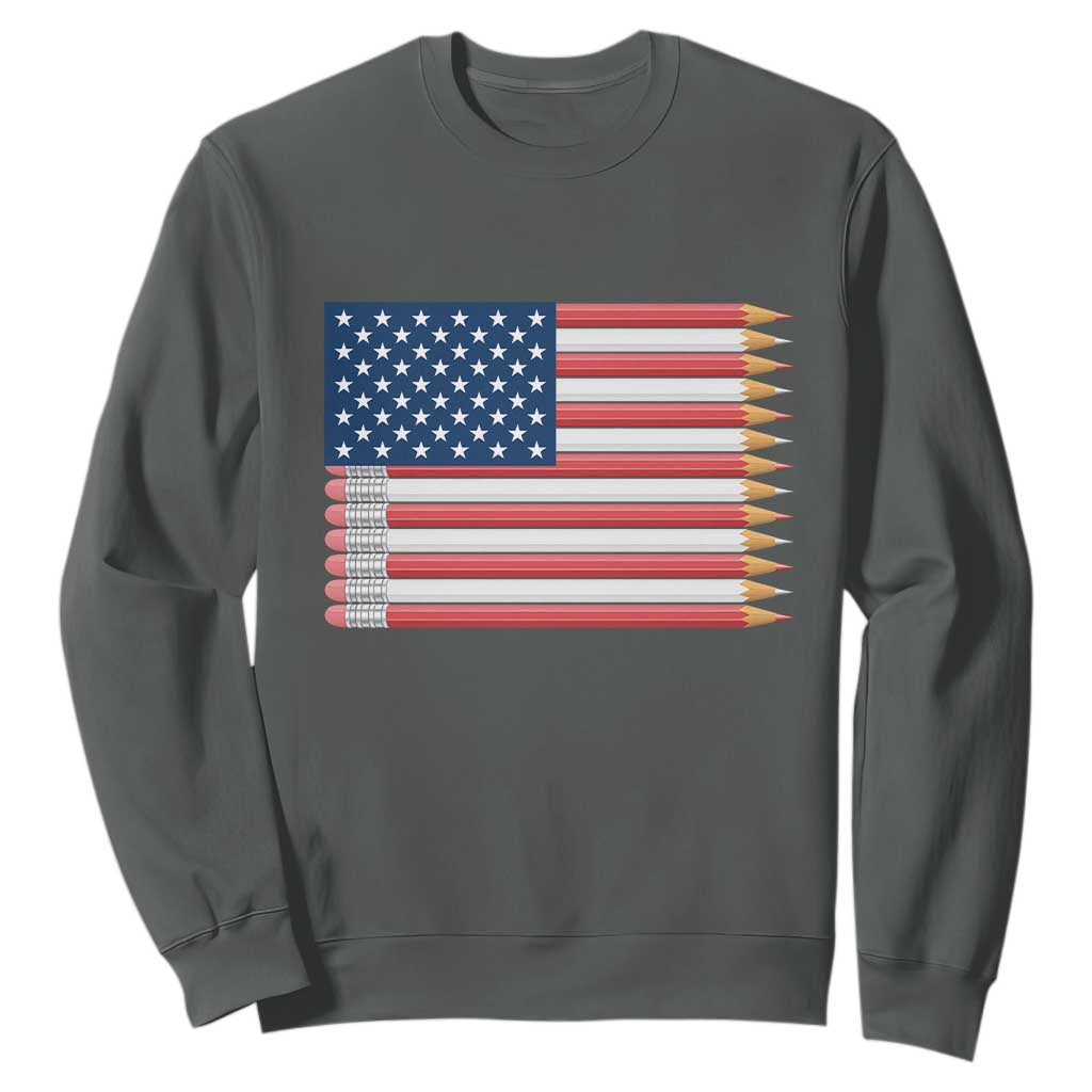 Pencil Stripes USA Flag Sweatshirt Proud American Teacher Graduation Gift TS12 Dark Heather Print Your Wear