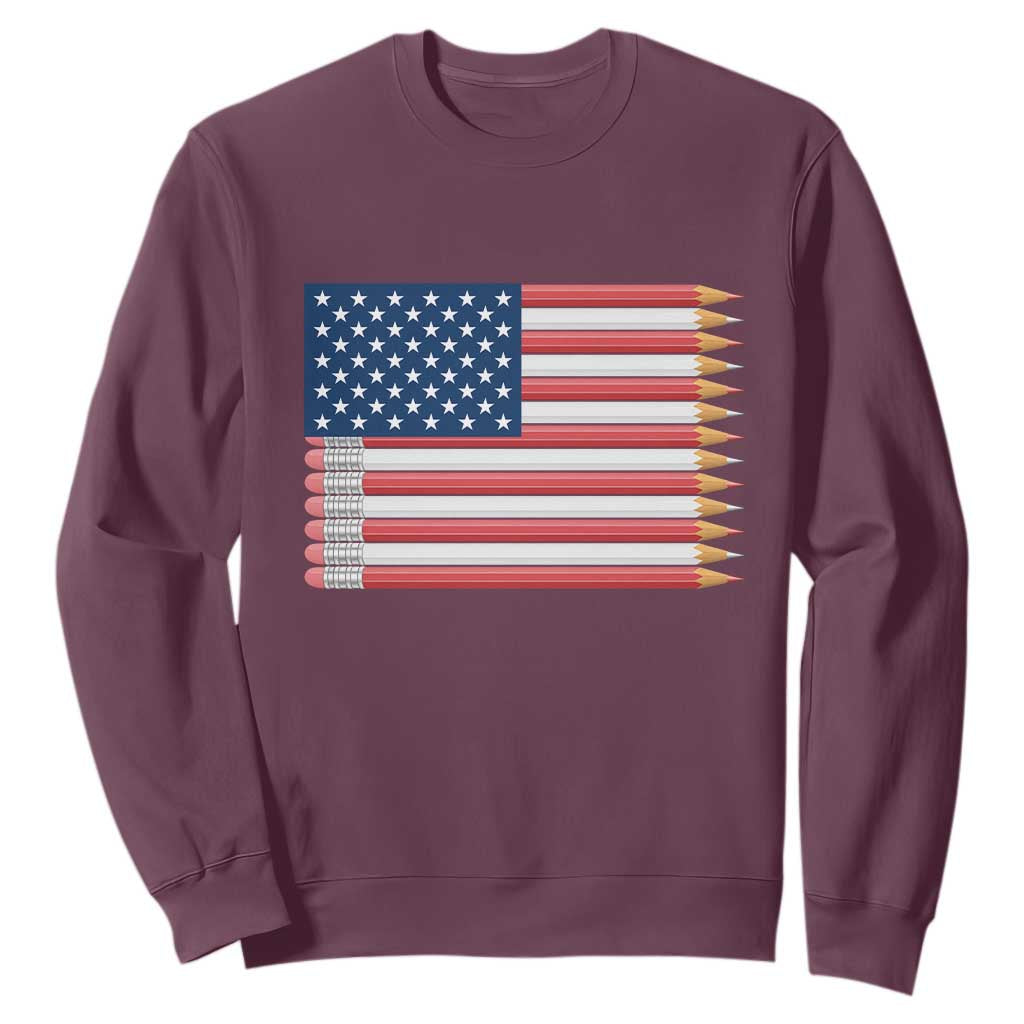 Pencil Stripes USA Flag Sweatshirt Proud American Teacher Graduation Gift TS12 Maroon Print Your Wear