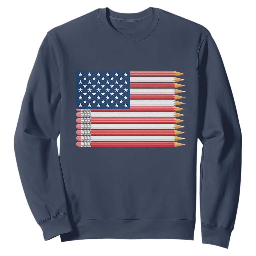 Pencil Stripes USA Flag Sweatshirt Proud American Teacher Graduation Gift TS12 Navy Print Your Wear