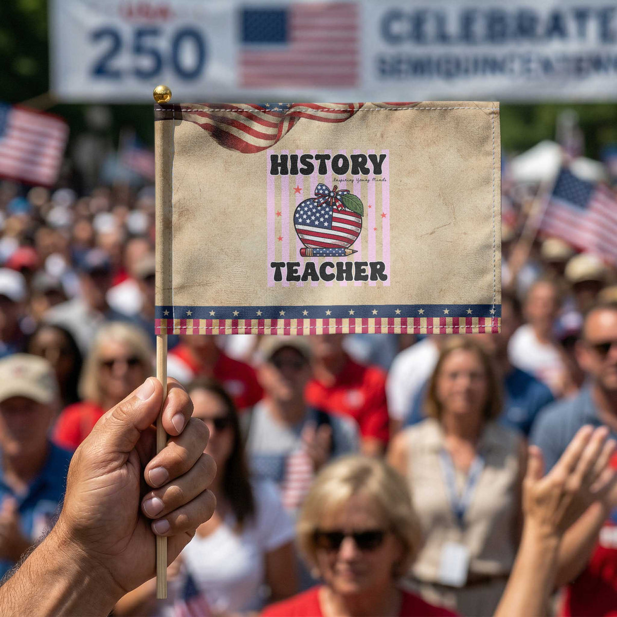 Inspiring Young Minds Teacher Patriotic Handheld Flag 250th Anniversary Educator Gift TS12 Vintage 8.2