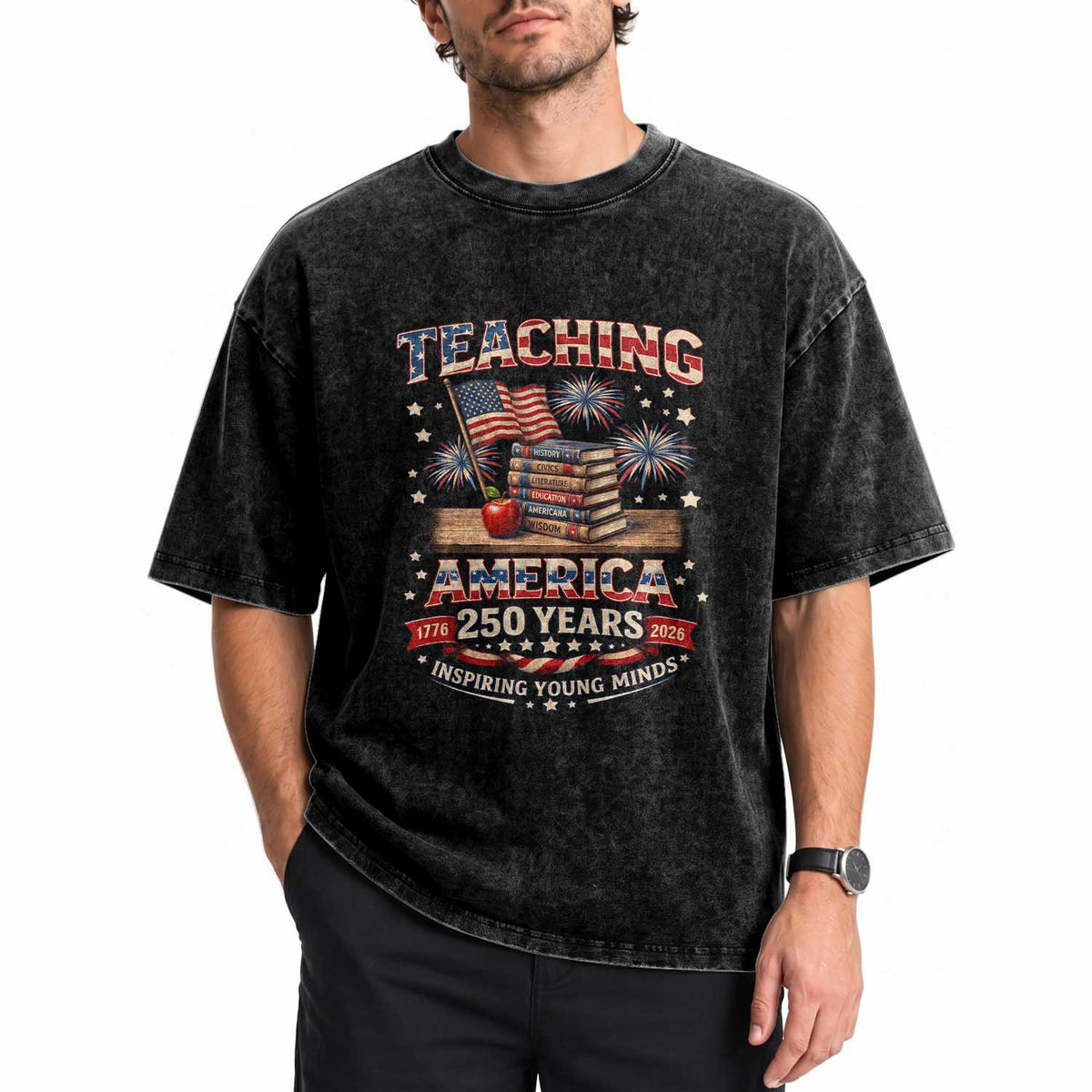 American Teacher Gift Washed Cotton T-Shirt Inspiring Young Minds 250th Anniversary