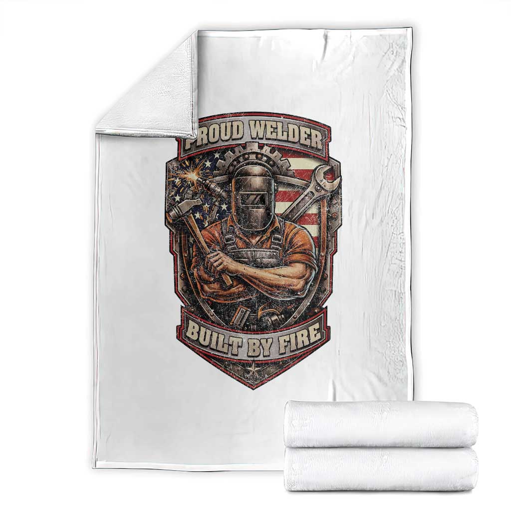 Vintage Proud American Welder Throw Blanket Built By Fire Blue Collar Dad Gift TS12 White Print Your Wear