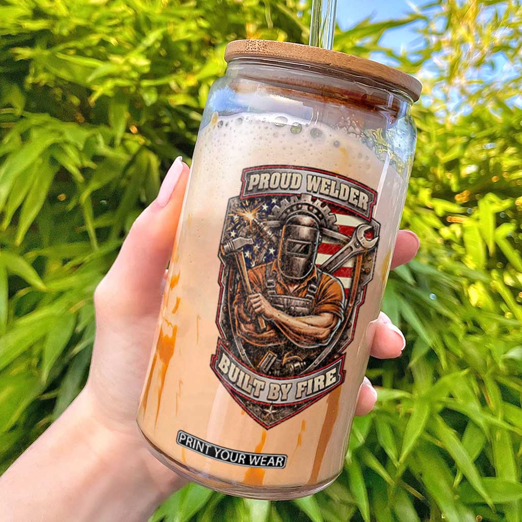 Vintage Proud American Welder Glass Can Built By Fire Blue Collar Dad Gift TS12 White Print Your Wear