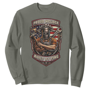 Vintage Proud American Welder Sweatshirt Built By Fire Blue Collar Dad Gift TS12 Military Green Print Your Wear
