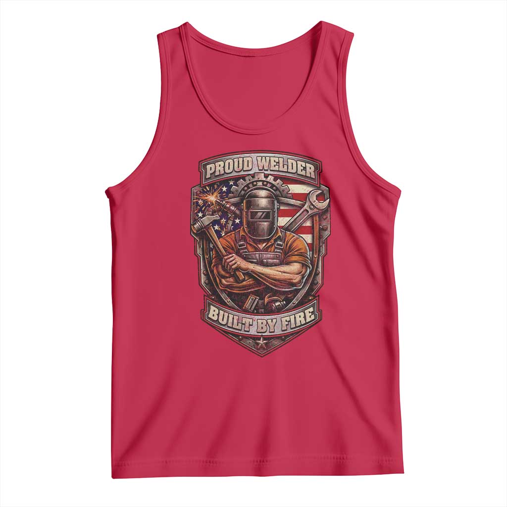 Vintage Proud American Welder Tank Top Built By Fire Blue Collar Dad Gift TS12 Red Print Your Wear
