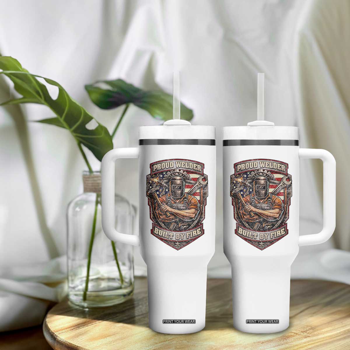 Vintage Proud American Welder Tumbler With Handle Built By Fire Blue Collar Dad Gift TS12 Print Your Wear