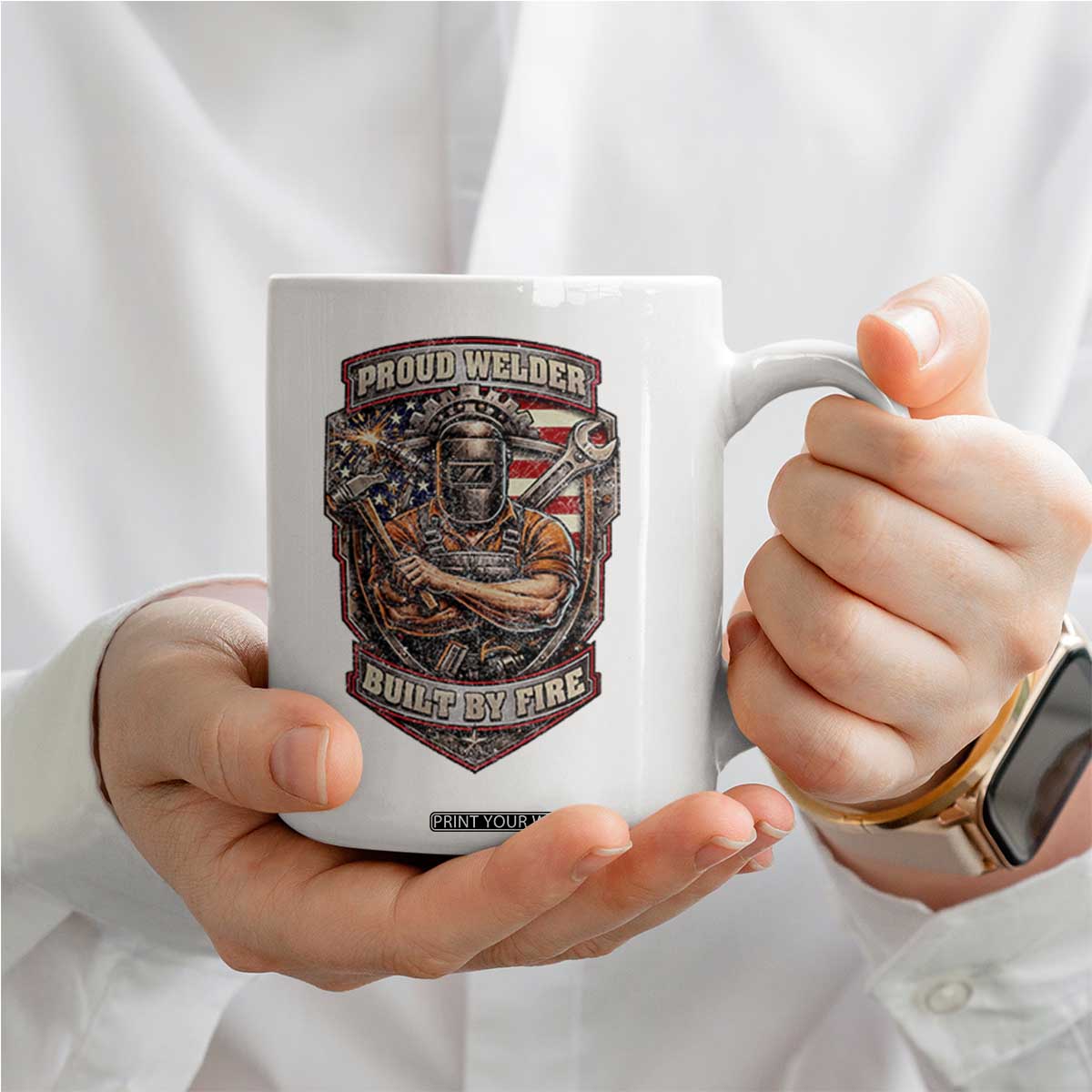 Vintage Proud American Welder Coffee Mug Built By Fire Blue Collar Dad Gift TS12 Print Your Wear