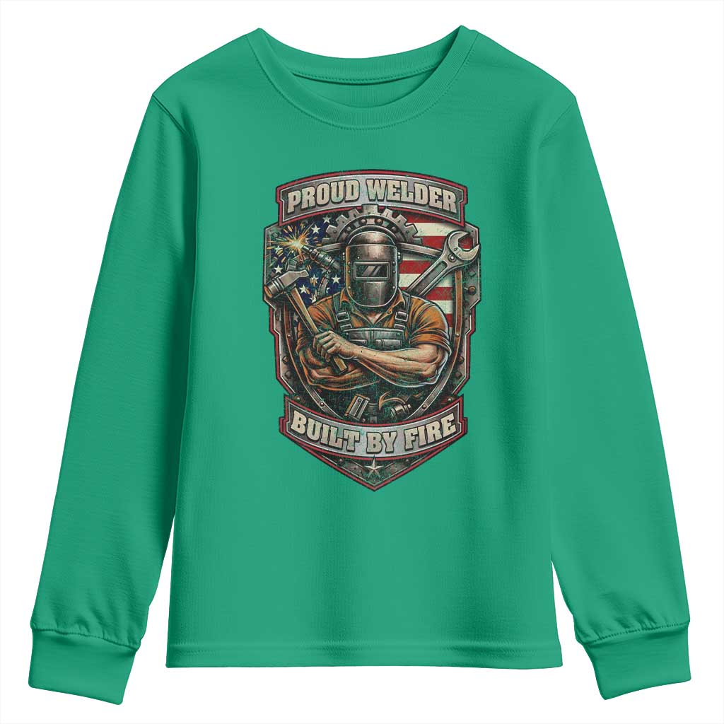 Vintage Proud American Welder Youth Sweatshirt Built By Fire Blue Collar Dad Gift TS12 Irish Green Print Your Wear