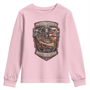 Vintage Proud American Welder Youth Sweatshirt Built By Fire Blue Collar Dad Gift TS12 Light Pink Print Your Wear