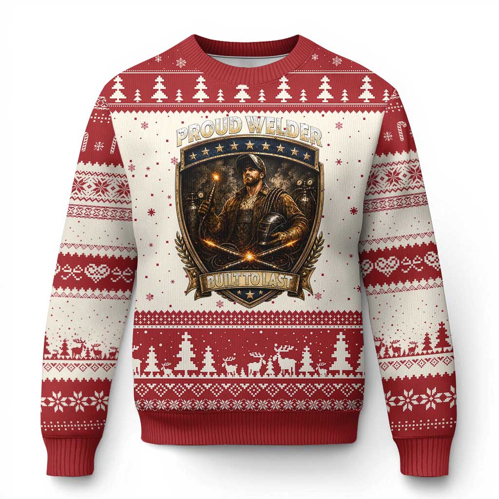 Proud Welder Graphic Ugly Christmas Sweater Built To Last Worker Gift TS12 Beige Red Print Your Wear