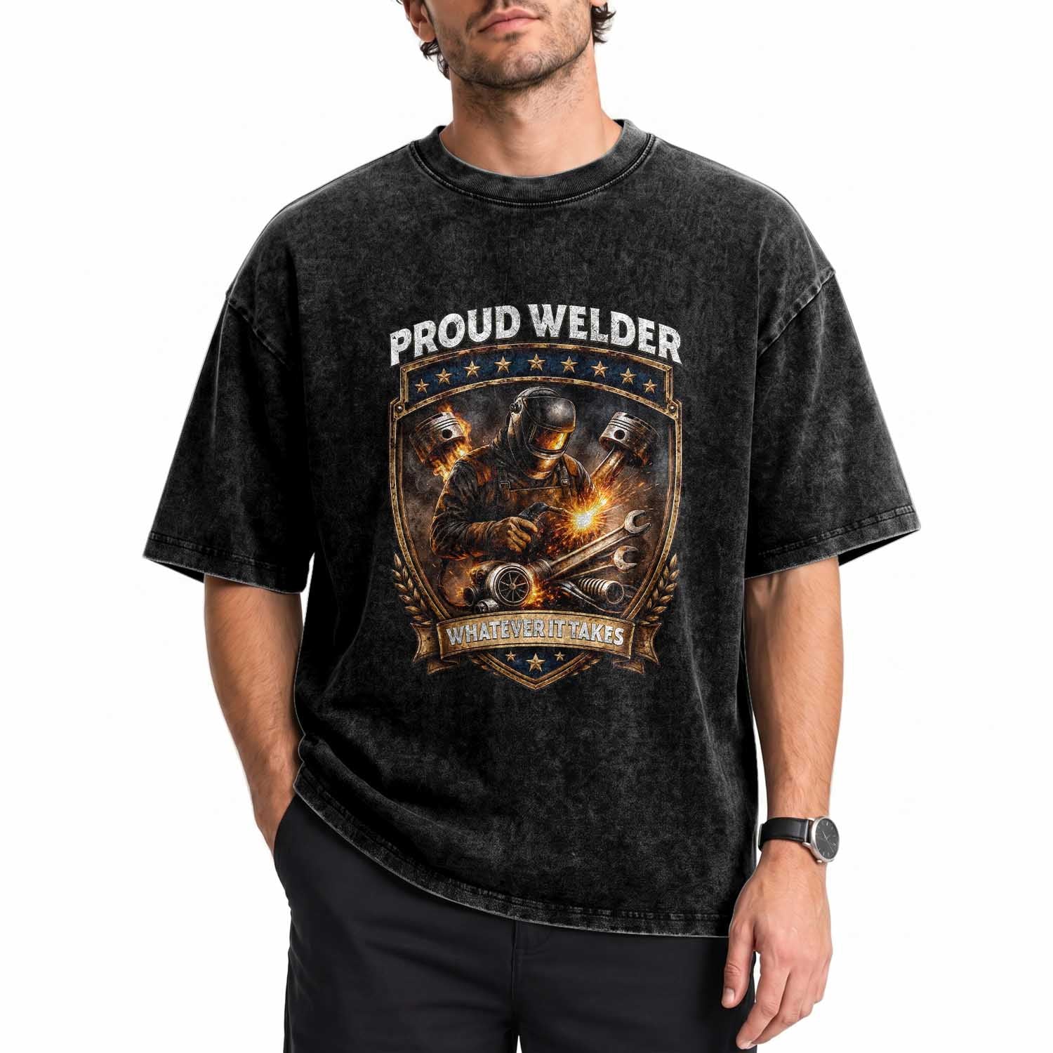 Proud Welder Whatever It Takes Washed Cotton T-Shirt Vintage Mechanic Workwear