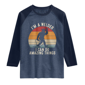 Funny Bigfoot Welding Gift Raglan Shirt I Can Do Amazing Things With A Welder TS12 Heather Denim Navy Print Your Wear