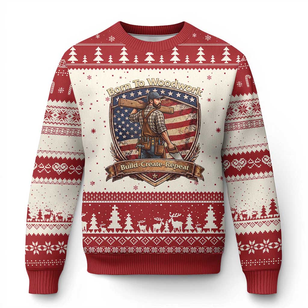 Proud American Woodworker Ugly Christmas Sweater Born To Woodwork Patriotic Gift TS12 Beige Red Print Your Wear