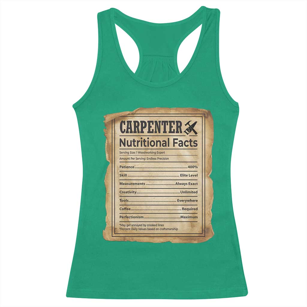 Woodworker Nutrition Label Racerback Tank Top Carpenter Nutritional Facts Graphic TS12 Irish Green Print Your Wear