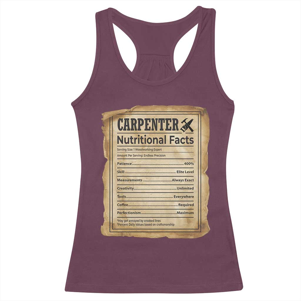 Woodworker Nutrition Label Racerback Tank Top Carpenter Nutritional Facts Graphic TS12 Maroon Print Your Wear