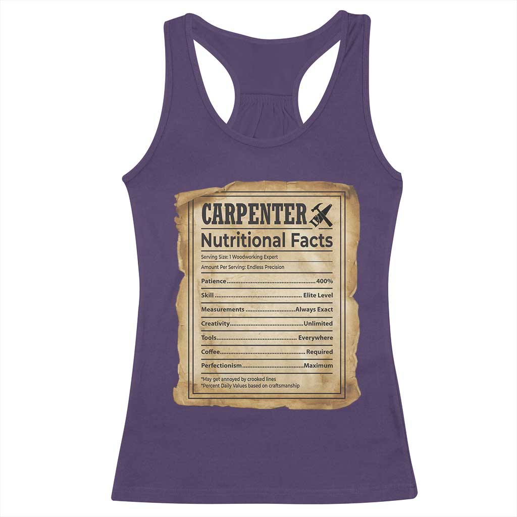 Woodworker Nutrition Label Racerback Tank Top Carpenter Nutritional Facts Graphic TS12 Purple Print Your Wear
