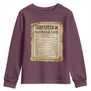 Woodworker Nutrition Label Youth Sweatshirt Carpenter Nutritional Facts Graphic TS12 Maroon Print Your Wear