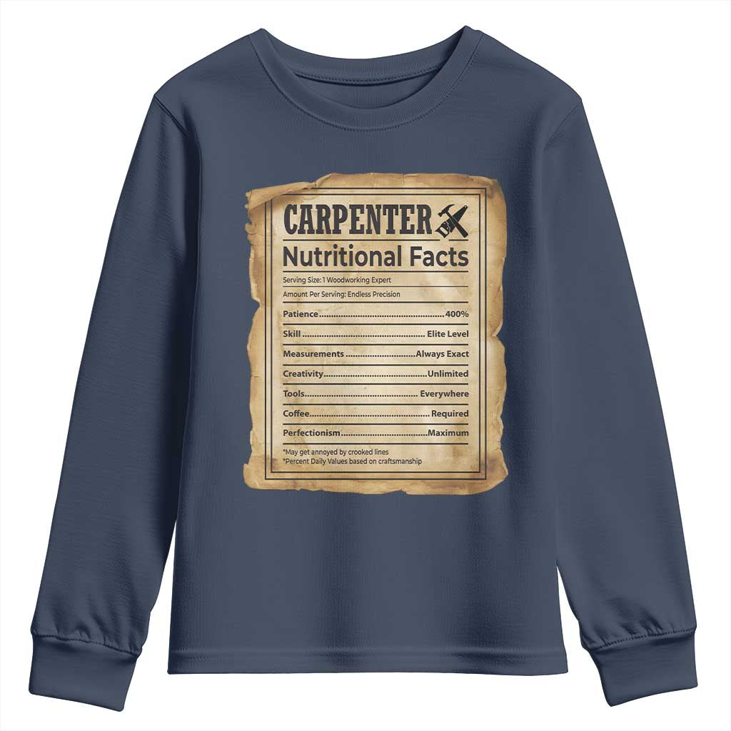 Woodworker Nutrition Label Youth Sweatshirt Carpenter Nutritional Facts Graphic TS12 Navy Print Your Wear