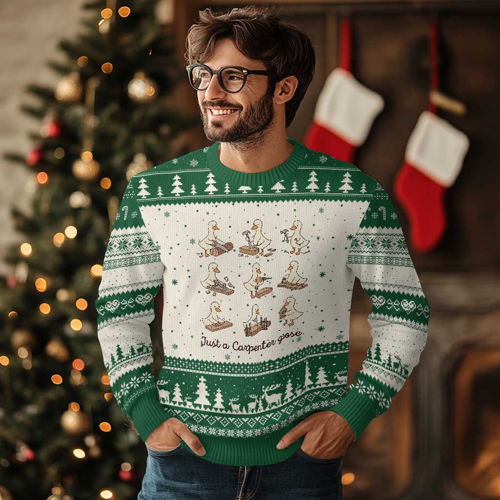 Funny Woodworker Graphic Ugly Christmas Sweater Just A Carpenter Goose TS12 Beige Green Print Your Wear