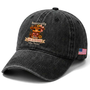 Apparently I Have An Attitude Who Knew Washed Cotton Baseball Cap Funny Sarcasm Highland Cow TS12 Print Your Wear