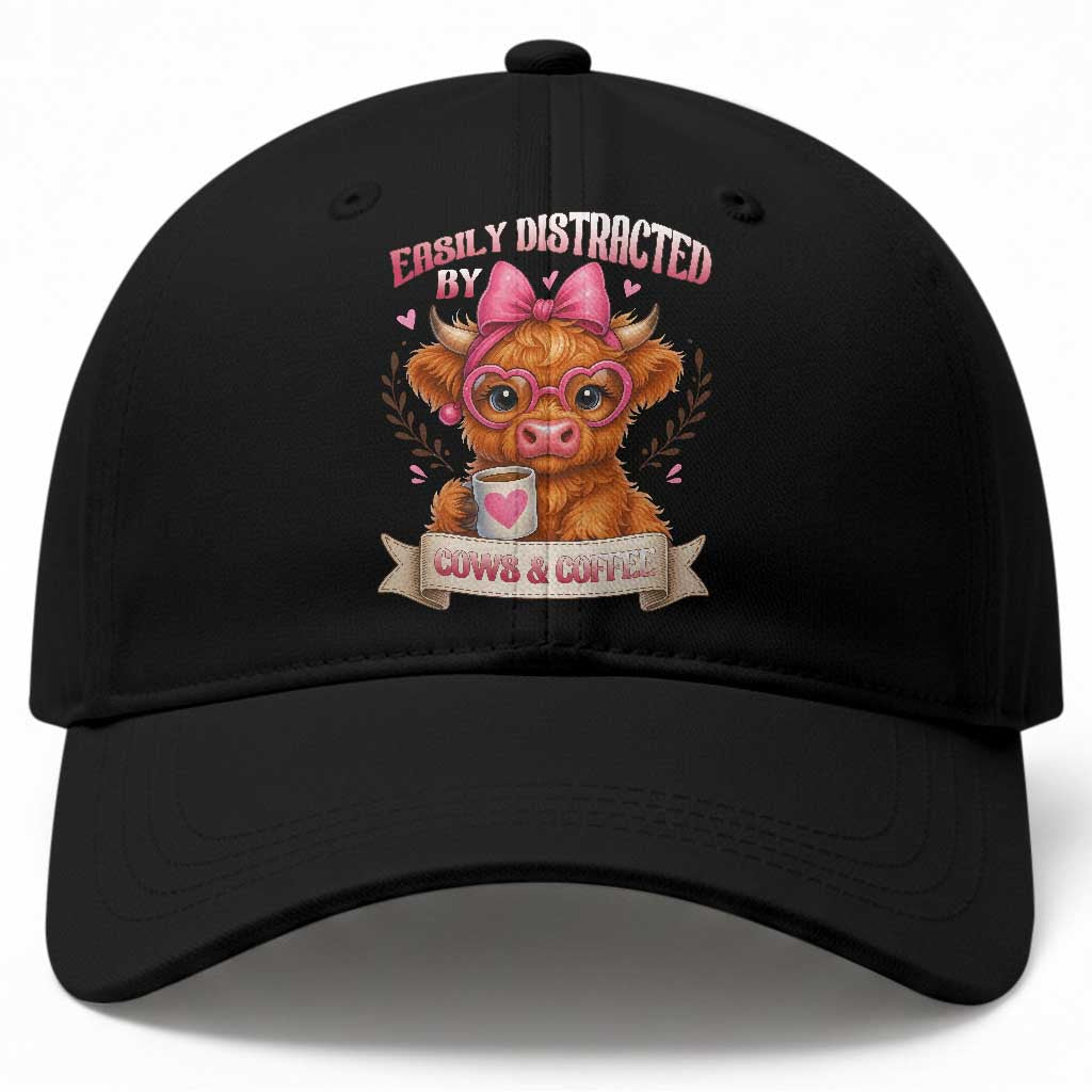 Easily Distracted By Cow And Coffee Baseball Cap Funny Highland Cow TS12 Print Your Wear