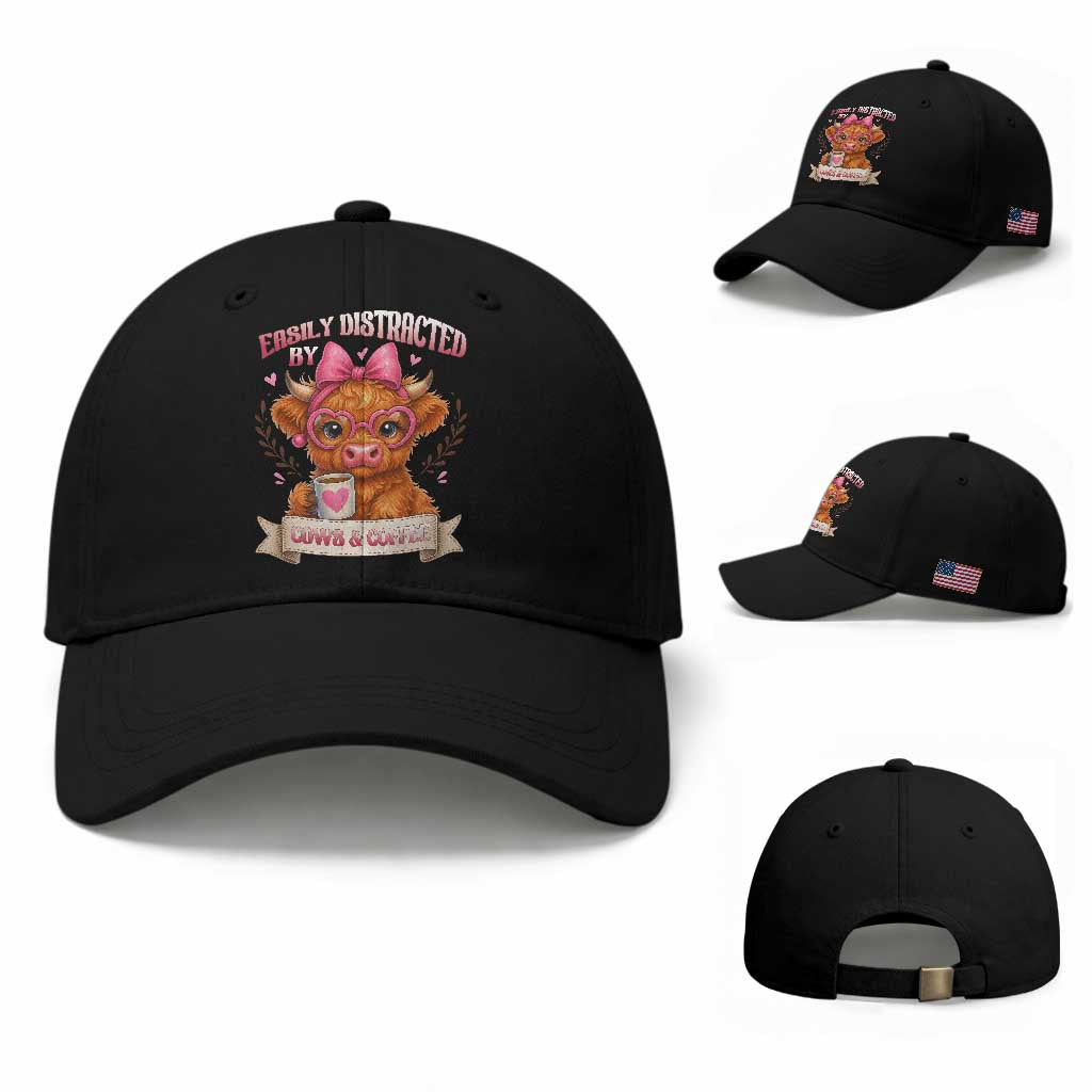 Easily Distracted By Cow And Coffee Baseball Cap Funny Highland Cow TS12 Baseball Cap Universal Fit Black Print Your Wear