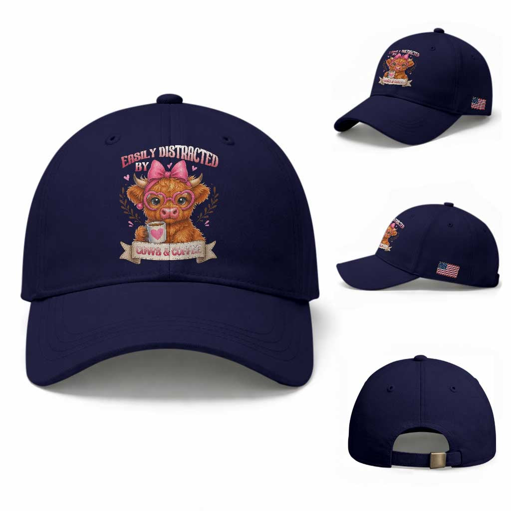 Easily Distracted By Cow And Coffee Baseball Cap Funny Highland Cow TS12 Baseball Cap Universal Fit Dark Blue Print Your Wear