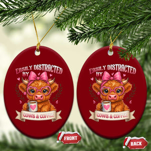 Easily Distracted By Cow And Coffee Ceramic Ornament Funny Highland Cow TS12 Print Your Wear