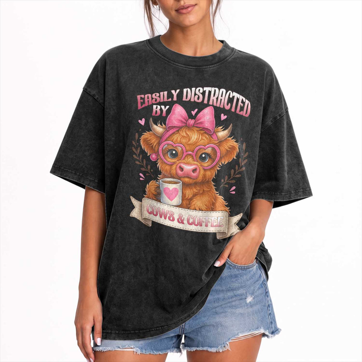Easily Distracted By Cow And Coffee Washed Cotton T-Shirt Funny Highland Cow