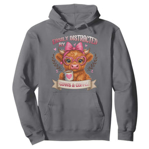 Easily Distracted By Cow And Coffee Hoodie Funny Highland Cow TS12 Charcoal Print Your Wear