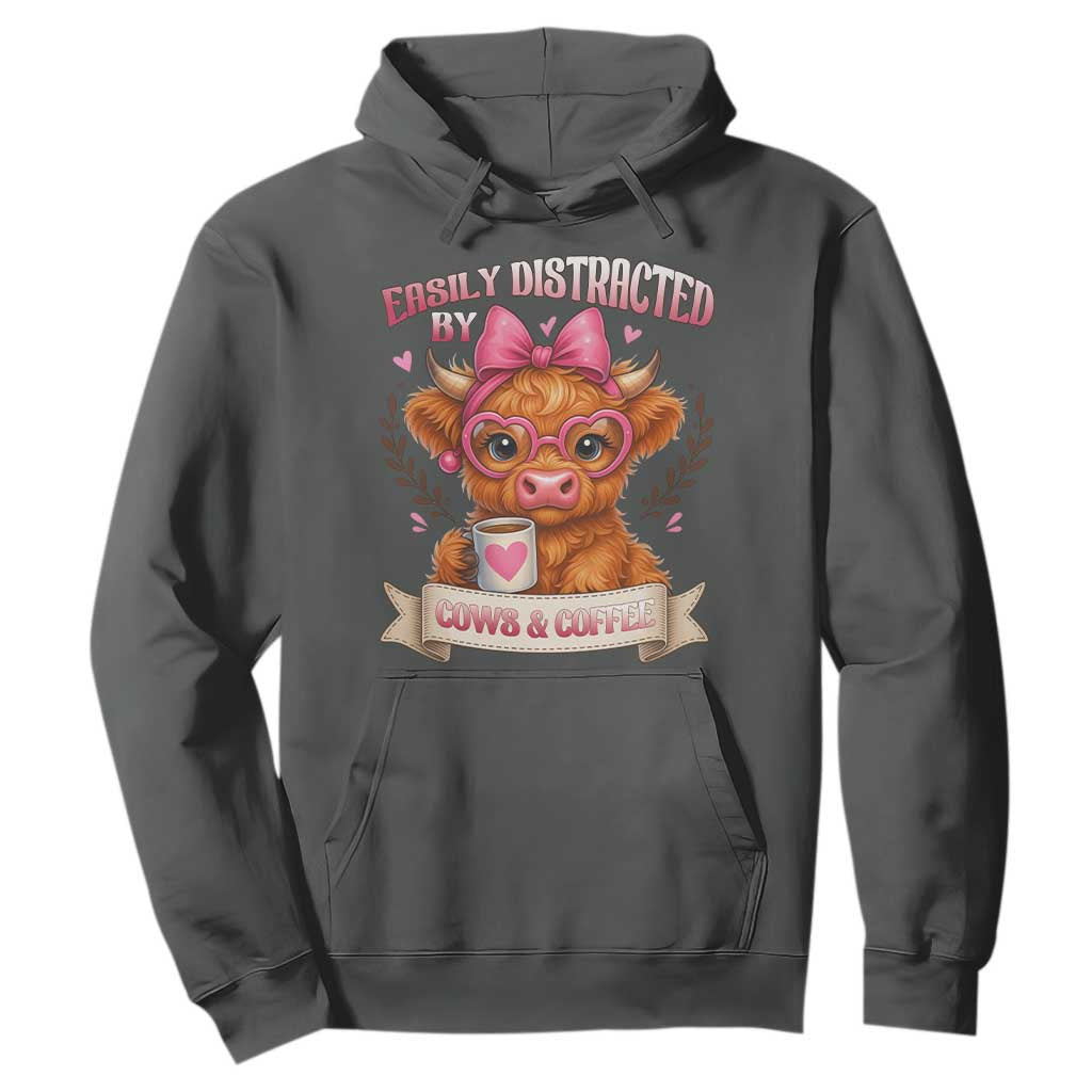 Easily Distracted By Cow And Coffee Hoodie Funny Highland Cow TS12 Dark Heather Print Your Wear