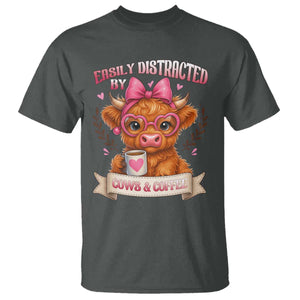 Easily Distracted By Cow And Coffee T Shirt Funny Highland Cow TS12 Dark Heather Print Your Wear