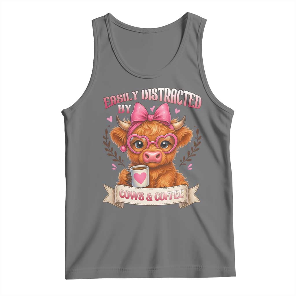 Easily Distracted By Cow And Coffee Tank Top Funny Highland Cow TS12 Black Heather Print Your Wear
