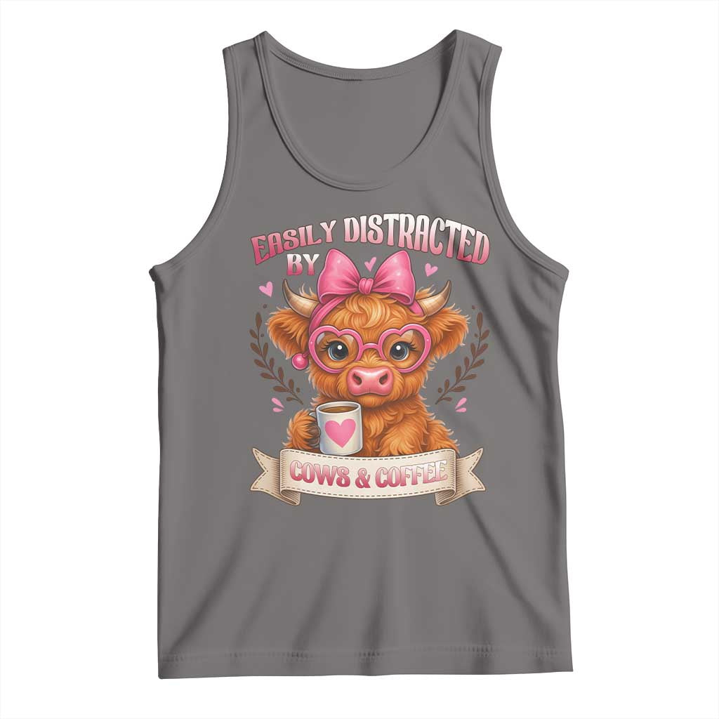 Easily Distracted By Cow And Coffee Tank Top Funny Highland Cow TS12 Deep Heather Print Your Wear