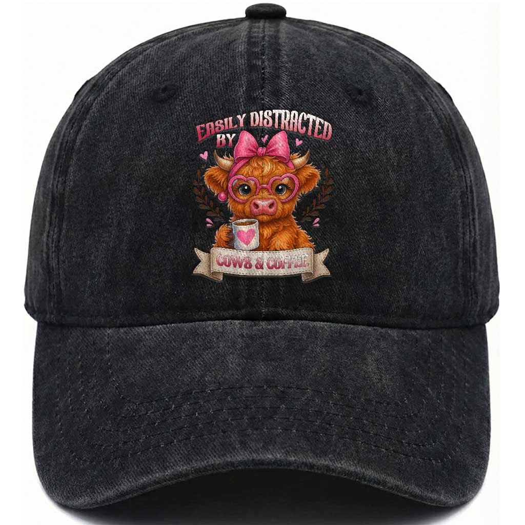 Easily Distracted By Cow And Coffee Washed Cotton Baseball Cap Funny Highland Cow TS12 Print Your Wear