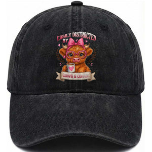 Easily Distracted By Cow And Coffee Washed Cotton Baseball Cap Funny Highland Cow TS12 Print Your Wear