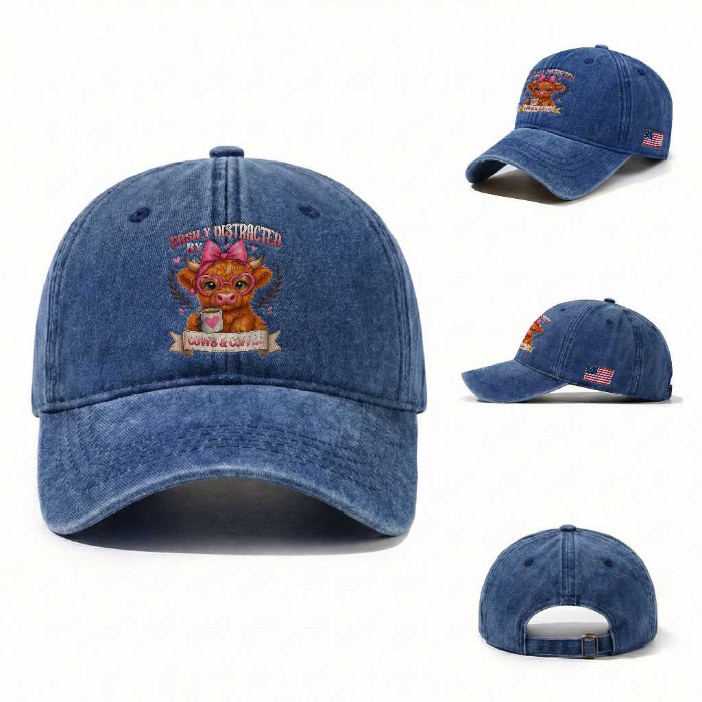Easily Distracted By Cow And Coffee Washed Cotton Baseball Cap Funny Highland Cow TS12 Washed Cap Universal Fit Royal Blue Print Your Wear