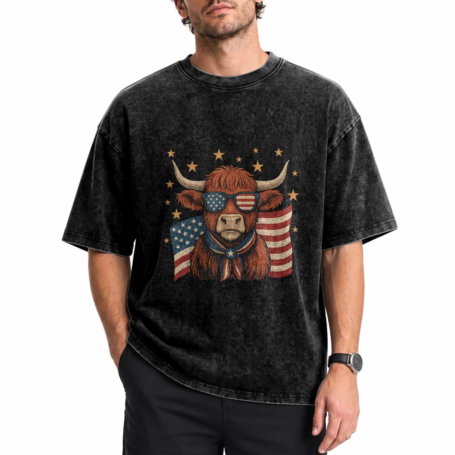 Funny Highland Cow Washed Cotton T-Shirt USA Flag Patriotic Cow Farmer