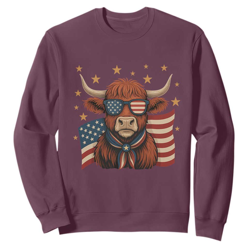 Funny Highland Cow Sweatshirt USA Flag Patriotic Cow Farmer TS12 Maroon Print Your Wear