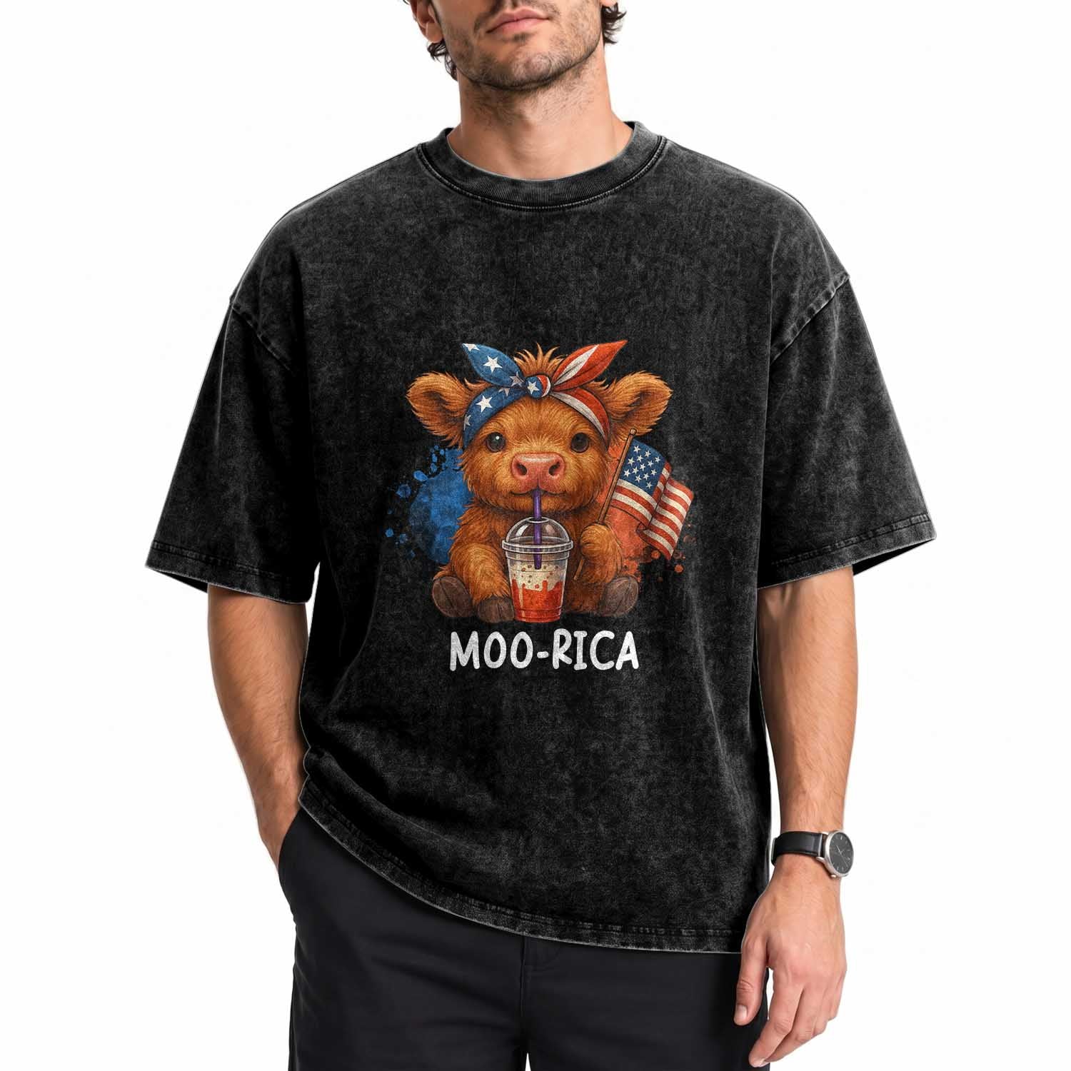 Funny Highland Cow Patriotic Washed Cotton T-Shirt Moo Rica USA Flag Cow Farmer