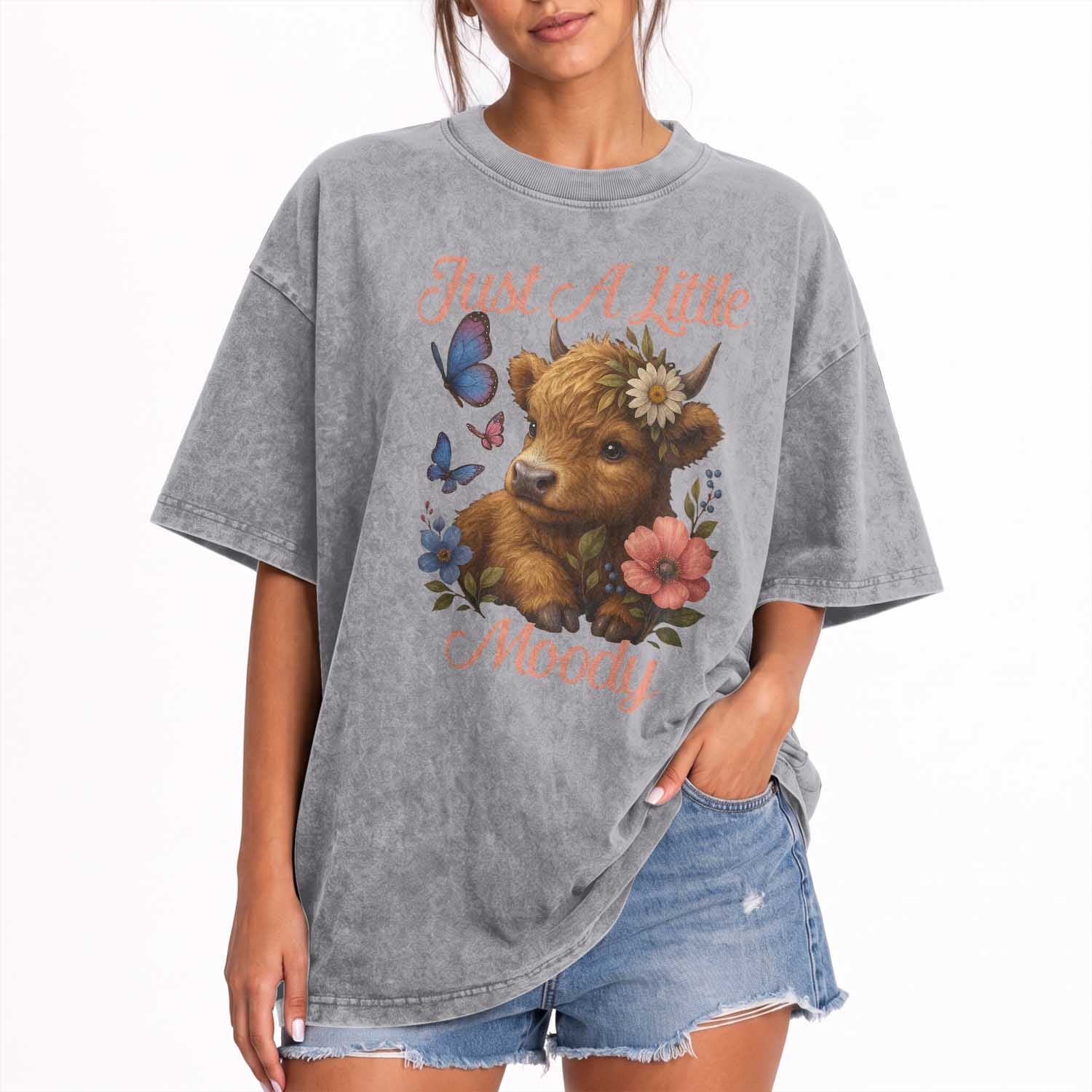 Just A Little Moody Washed Cotton T-Shirt Funny Sarcasm Highland Cow