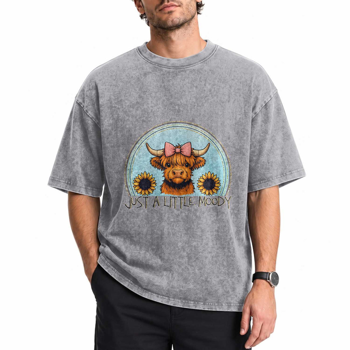 Just A Little Moody Washed Cotton T-Shirt Funny Sarcasm Highland Cattle