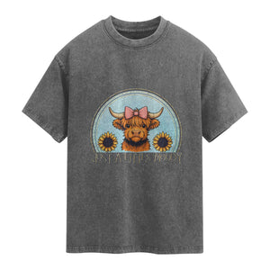 Just A Little Moody Washed Cotton T-Shirt Funny Sarcasm Highland Cattle
